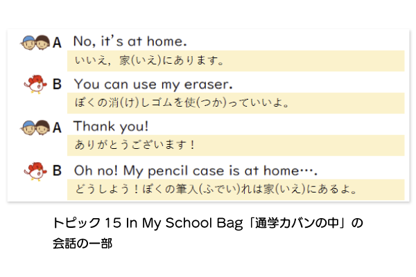 No, it's at home.いいえ、家にあります。など。トピック15 in My School Bag「通学カバンの中」の会話の一部